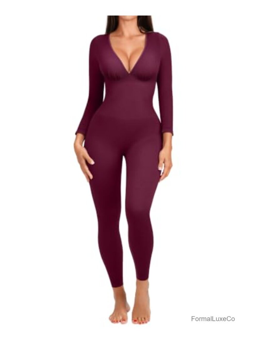 Shapellx Long Sleeve V-Neck Bodycon Jumpsuit Tummy Control Shapewear